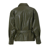 Asymmetric Pleated Pointed Collar Button Down Belted Vegan Leather Jacket